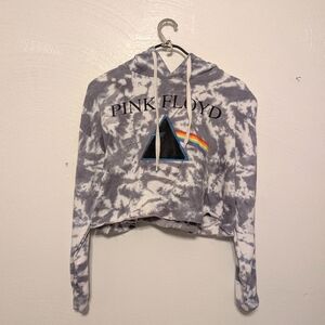 Grey & White Tie-Dye Pink Floyd Cropped Hoodie